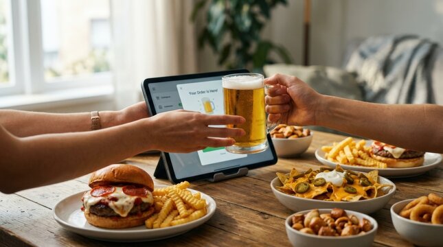 Hands receiving beer mug from tablet screen with pizza burger and snacks on table, food delivery service, online ordering platform, fast food ecommerce experience, appetizing, natural light, realistic