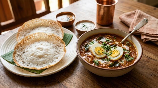 Kerala Appam with Egg Curry Authentic South Indian Breakfast, authentic Indian food concept for restaurant menus, regional cuisine branding and appetizing culinary advertising with rich traditional