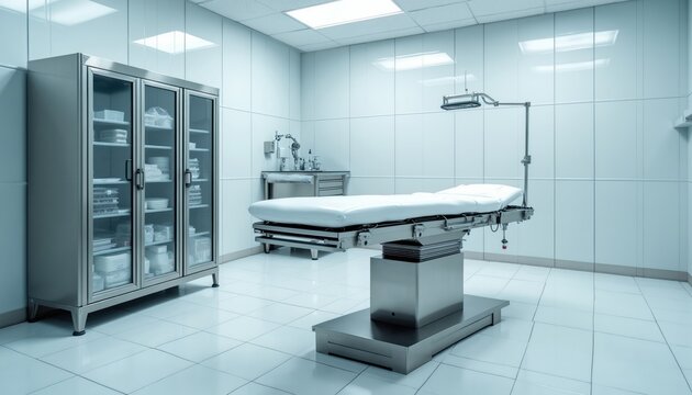 Bright sterile autopsy room with examination table. Clean medical facility features metal cabinet holding supplies, tiled floor and overhead surgical light. Pro workspace.