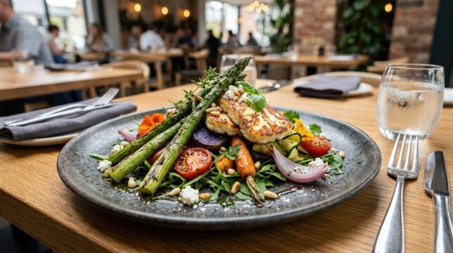 Restaurant dish with vegetables and cheese, fresh gourmet meal with balanced ingredients and elegant plating for modern dining concepts, realistic detail, no logos