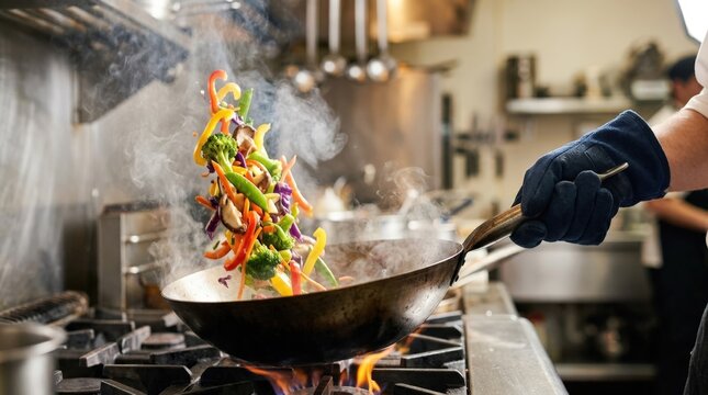 Gloved hand tossing colorful vegetables in smoking wok, fast stir fry cooking concept, vibrant ingredients and dramatic kitchen action, realistic detail, no logos