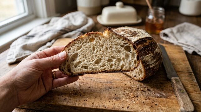 Hand holding sliced sourdough bread on cutting board, artisanal food concept for bakery, home cooking, wholesome nutrition and rustic kitchen styling, crisp crust and soft crumb detail with appetizing