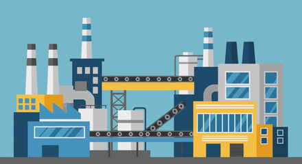 Obraz premium Expansive industrial factory complex showcasing diverse manufacturing buildings, smokestacks, and interconnected conveyor systems, embodying efficient production, innovation, and streamlined logistics