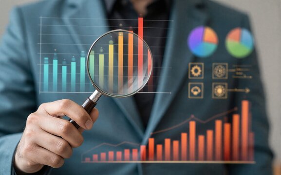 Businessman examines data charts with magnifying glass analyzing