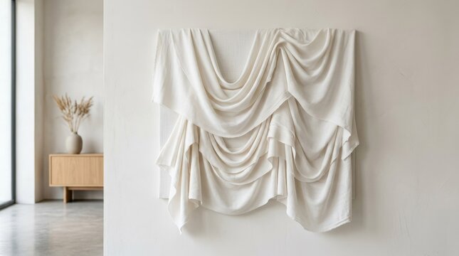 White textile artwork with soft folds and tactile depth, minimal design concept for interior branding, fashion editorials and abstract backdrops, layered fabric texture and calm monochrome palette