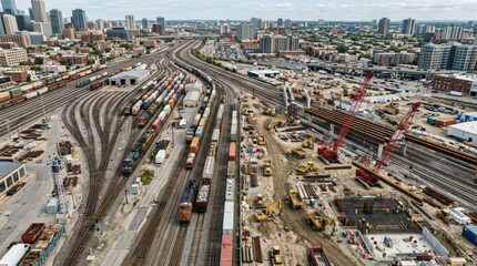 Naklejka premium Train yard with adjacent construction site, urban infrastructure scene with tracks, heavy equipment and industrial development in a clean documentary-style aerial composition, natural light, realistic