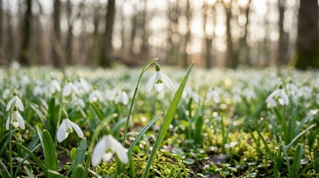 Close up snowdrop flower meadow with bokeh light, fresh spring background and March season wallpaper, delicate bloom detail, no logos
