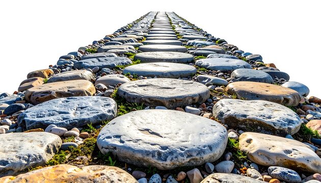 Stepping stone path with green moss and pebbles receding into distance, leading forward on white background