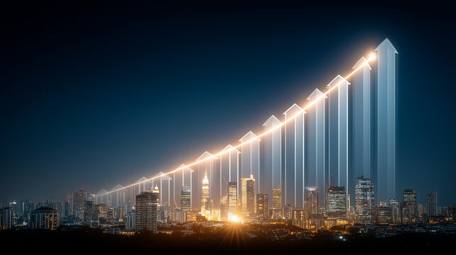 Skyline of Progress: A city skyline morphs into a dynamic illustration of upward growth, symbolizing progress and expansion within an urban environment.