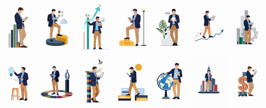 Flat vector illustrations of a businessman managing investments, global trade, and data analytics on digital devices.