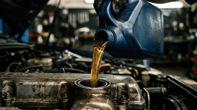 Motor oil pouring from a plastic container in close-up, golden viscous liquid with bubbles flowing smoothly, automotive maintenance concept, clean mechanical service detail and rich lubricant texture,