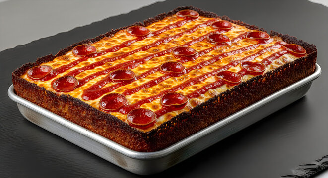 Large rectangular pepperoni pizza in a baking pan close up food photography with melted cheese high-quality professional detailed modern elegant stylish