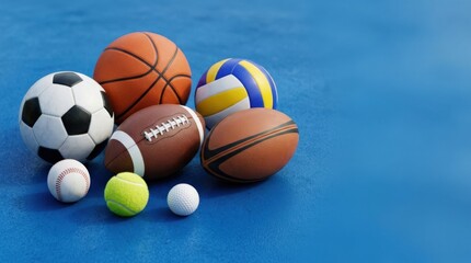 Fototapeta premium Collection of sports balls on blue background, active lifestyle and competition concept with clean copy space, realistic detail, no logos