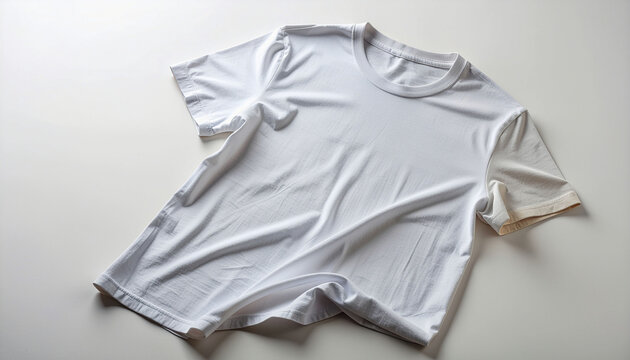 Wrinkled white t-shirt on surface.