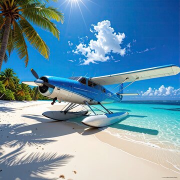 Blue seaplane rests on white sand beach, palm trees, sunlit turquoise ocean
