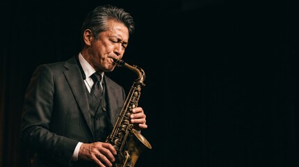 Naklejka premium 漆黒の静寂と情熱。緊張感溢れる日本人男性ジャズアーティストのプロフェッショナルなポートレート