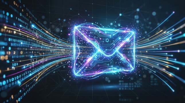 Abstract digital envelope with flowing data streams, modern communication and messaging technology concept on a sleek dark background, realistic luminous detail, no logos