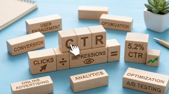 CTR click through rate concept with wooden blocks and finger icon on minimal blue background, digital marketing metric, online advertising, conversion optimization and user engagement analysis, clean