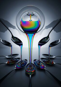 Glowing iridescent liquid flows from a central vessel into silver spoons near shadowy silhouettes while the primary source fades away slowly, feeding, fading, time