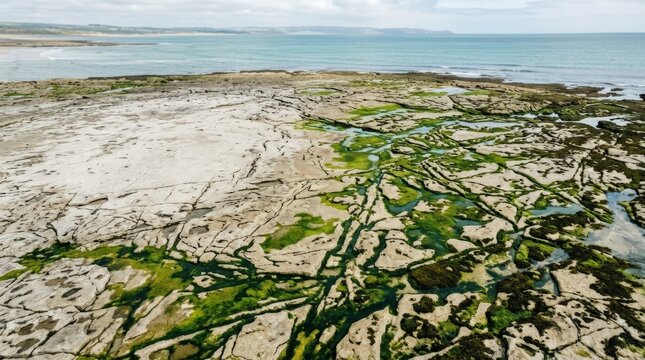 Aerial view of limestone flats with green algae patches forming an earthy abstract map, calm natural texture for eco design, travel or sustainability themes, premium landscape pattern with strong copy