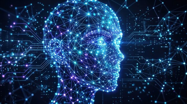 Abstract human face made of glowing nodes and lines, artificial intelligence and digital identity concept with futuristic network structure, polished realistic finish, no logos