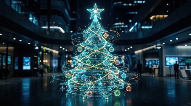 Digital Christmas tree adorned with binary code in a glowing festive design, futuristic holiday concept blending technology, data, cyber style and seasonal celebration, luminous digital composition