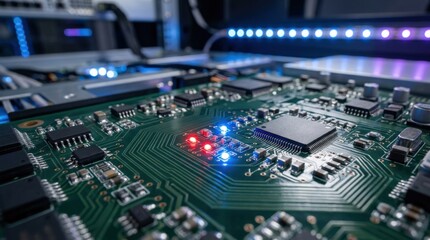 Fototapeta premium Close-up of a circuit board with red and blue lights, advanced technology background, electronic components detail, modern hardware concept, sharp macro realism, no logos