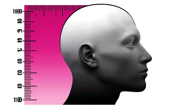 A bald head beside a pink ruler symbolizing measurement or evaluation.