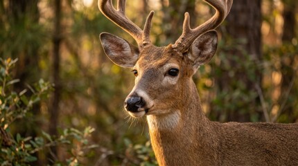 Fototapeta premium Close-up deer at sunset with warm golden light on fur, wildlife portrait for nature, travel and environmental storytelling with serene forest mood and gentle gaze, soft background blur, clean