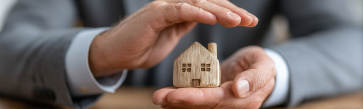 Home Security: A careful adult's hands gently cradle a miniature wooden house, symbolizing protection, security, and the safeguarding of home ownership and property.