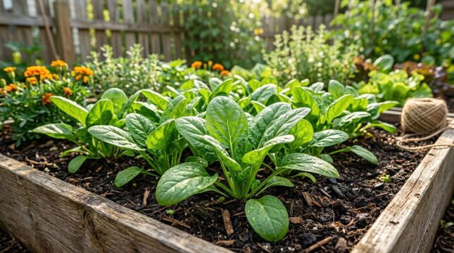 Juicy green baby spinach in a sunny organic garden bed, eco-friendly gardening concept with lush leafy texture, fresh farm growth and healthy backyard cultivation in natural light, realistic detail,