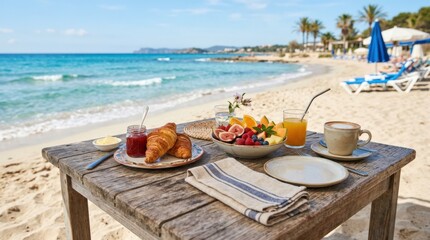 Obraz premium Summer continental breakfast on a beach with croissants, jam and fruit on a wooden table, coastal food mockup for hospitality branding, resort advertising and seasonal stock, bright sea atmosphere,