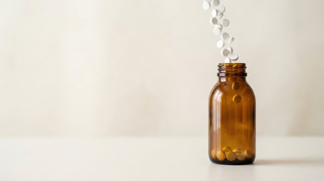White round tablets falling into an amber glass bottle, minimal medical still life with copy space on a light background, clean healthcare and pharmacy concept for wellness branding, controlled studio