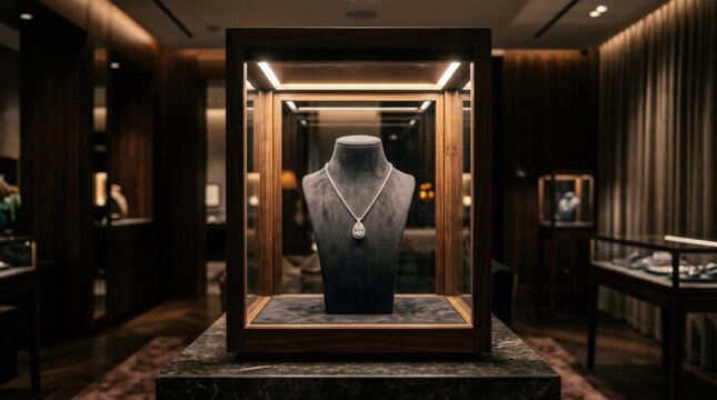 Empty display case with single necklace lit from within, luxury jewelry showcase concept, elegant retail presentation, dark refined atmosphere, no logos