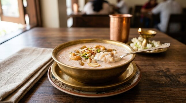 Kerala Palada Payasam Creamy Rice Dessert Authentic South Indian Sweet food shot, rich texture, fresh garnish and restaurant menu appeal, clean table presentation, soft natural light, flavorful