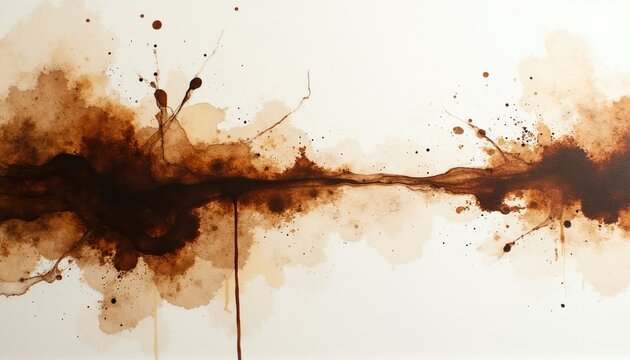 Abstract organic coffee splashes and stains on white textured paper. Brown and beige washes blend creating delicate artistic patterns. Natural fluid ink shapes offer design space.