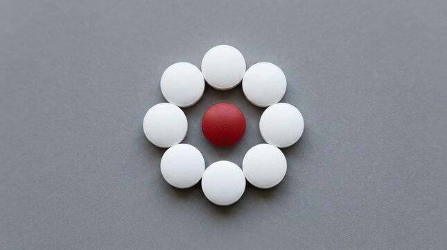 White pills arranged around one red pill on gray background, medicine and healthcare concept, minimal pharmaceutical still life, realistic detail, no logos