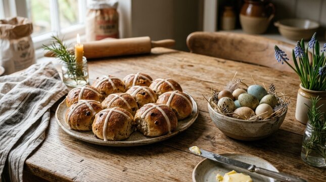 Hot cross buns and speckled eggs on rustic table, Easter baking concept, warm homemade food styling, realistic detail, no logos