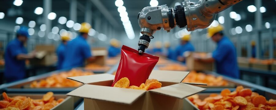 Robotic arm packs red chip bags into cardboard box on automated factory line. Workers in blue uniforms and yellow hard hats oversee food production and packaging process.