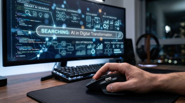 Close up of hand using computer mouse with virtual AI search bar, artificial intelligence and smart search concept with SEO, data query, machine learning and digital transformation, modern