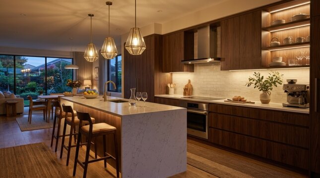 Modern kitchen interior design at evening, premium home background for real estate branding, lifestyle campaigns and product display, elegant cabinetry, warm ambient light and photorealistic materials