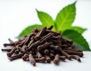 Fototapeta premium Heap of dry brown clove spice buds with green leaves on white background. Organic aromatic seasoning for cooking, food preparation, and health remedies.