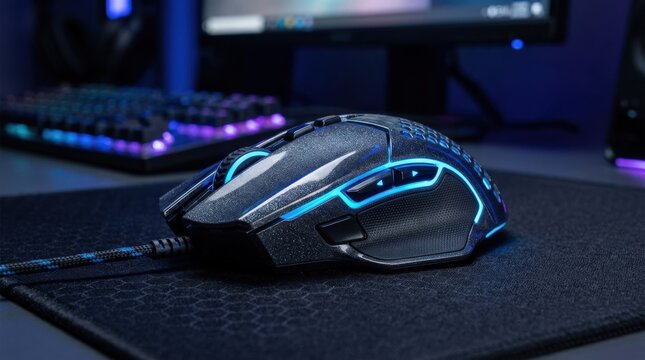 Tactical gaming mouse with blue light accents on sparkly surface, esports accessory product shot, sleek ergonomic design and glowing detail, no logos