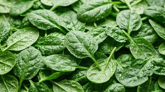 Background of fresh green spinach leaves with water drops, raw organic baby spinach texture for food branding, healthy nutrition campaigns and editorial backdrops, vibrant natural pattern with crisp