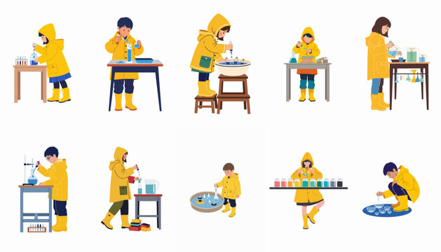 Set of children in yellow raincoats conducting science experiments with colorful liquids, beakers, and pipettes for early childhood STEM education.