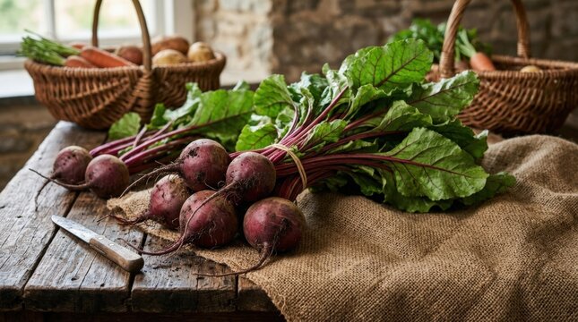 Bunch of fresh ripe beets with greens on wooden table and sackcloth, organic farm produce styling with earthy texture, healthy food concept and rustic harvest mood in natural light, realistic detail,