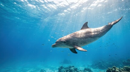 Naklejka premium Dolphin swimming underwater with sunlight partially illuminating its body from above, graceful marine wildlife scene in clear blue water, serene ocean atmosphere, realistic detail, no logos