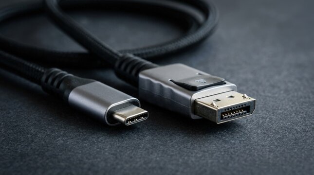 Close-up black cable with USB-C and DisplayPort connectors, modern tech accessory concept with sharp hardware detail and clean dark presentation, realistic detail, no logos