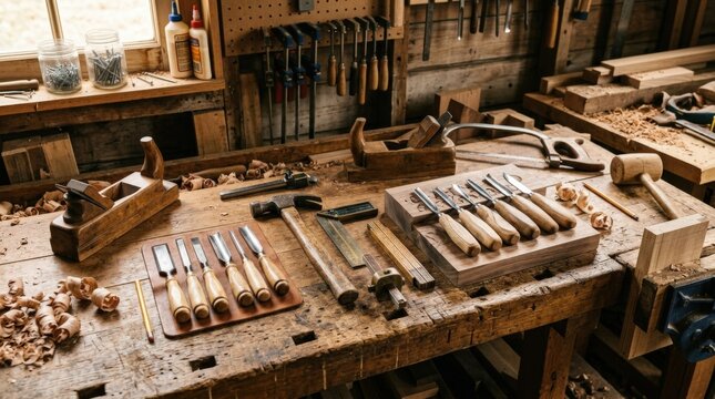 Woodworking tools arranged on wooden workbench, carpentry and joinery concept with craft carving instruments for wood processing in rustic workshop, warm light, realistic detail, no logos
