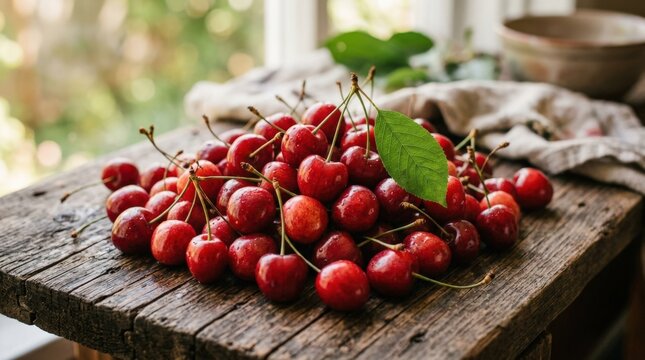 Pile of cherries with a green leaf on a rustic surface, shallow depth fresh organic sweet fruit for summer harvest branding, food campaigns and editorial styling, glossy natural texture and rich red